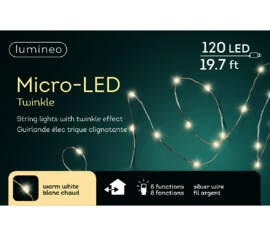 Lumières Extérieures DEL Micro 120 lumières 20' Blanc chaud avec fil argent