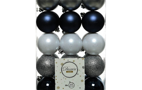 Boule en plastique 6 cm (Billant - Paillettes) (Paquet de 30) Argent - Bleu nuit - Blanc d'hiver
