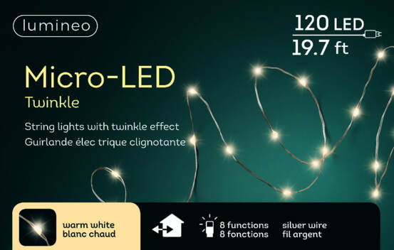 Lumières Extérieures DEL Micro 120 lumières 20' Blanc chaud avec fil argent